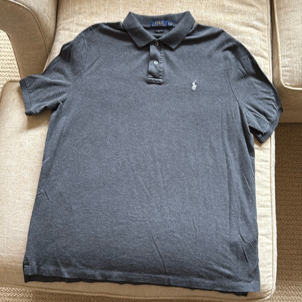 Charcoal grey Polo Ralph Lauren gold shirt.